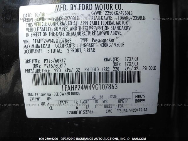 1FAHP24W49G107863 - 2009 FORD TAURUS SEL BLACK photo 9