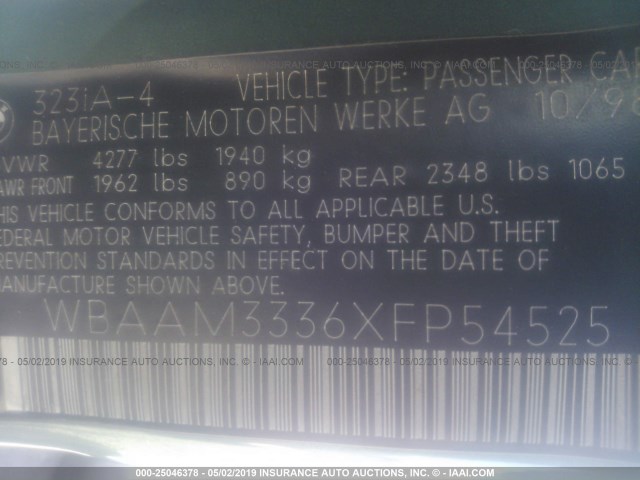 WBAAM3336XFP54525 - 1999 BMW 323 I AUTOMATIC Жасыл фото 9