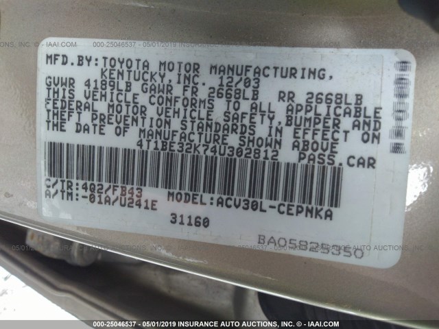 4T1BE32K74U302812 - 2004 TOYOTA CAMRY LE/XLE/SE GOLD photo 9