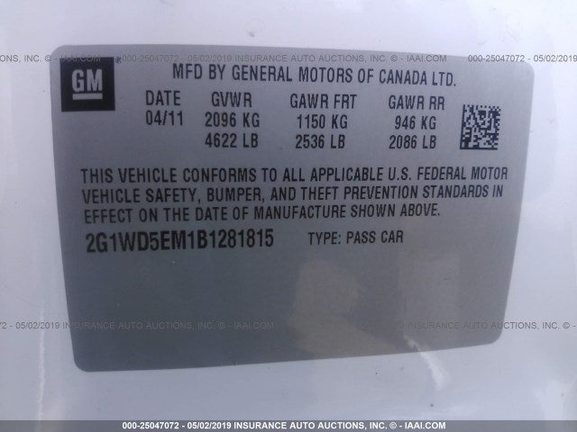 2G1WD5EM1B1281815 - 2011 CHEVROLET IMPALA POLICE WHITE photo 9