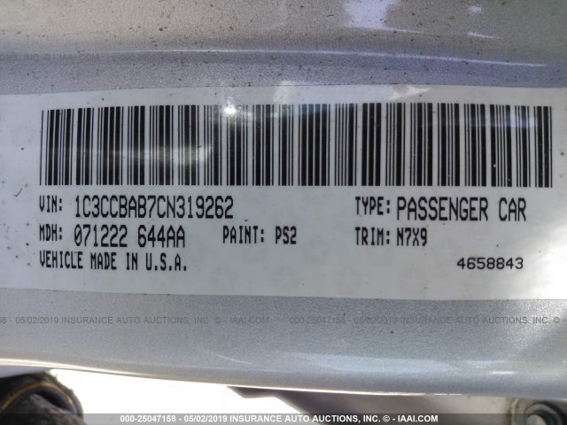 1C3CCBAB7CN319262 - 2012 CHRYSLER 200 LX SILVER photo 9