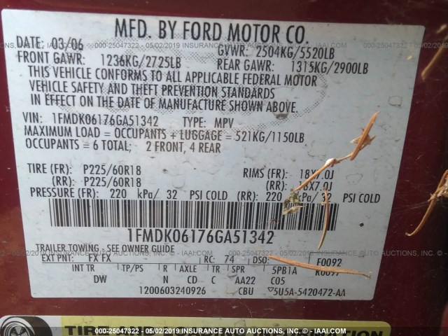 1FMDK06176GA51342 - 2006 FORD FREESTYLE LIMITED RED photo 9