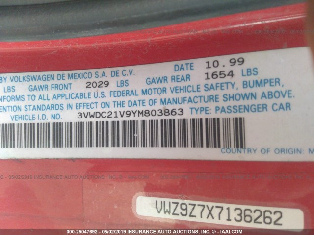 3VWDC21V9YM803863 - 2000 VOLKSWAGEN CABRIO GLS RED photo 9