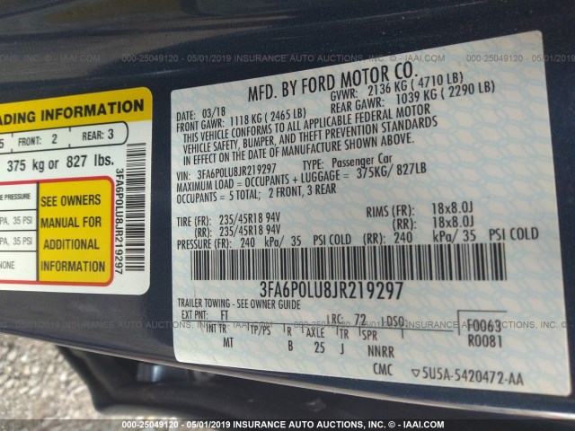 3FA6P0LU8JR219297 - 2018 FORD FUSION SE HYBRID BLUE photo 9