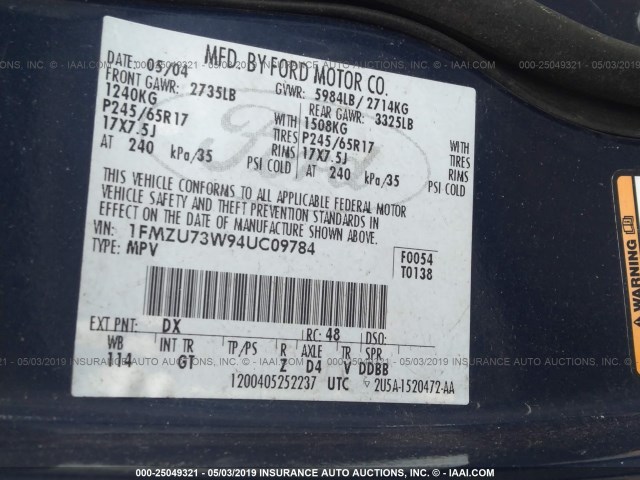 1FMZU73W94UC09784 - 2004 FORD EXPLORER XLT/XLT SPORT/NBX Mavi foto 9