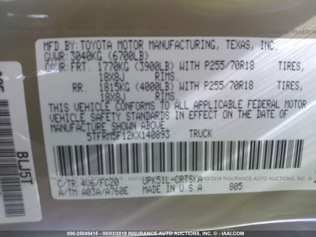 5TFRM5F12KX140893 - 2019 TOYOTA TUNDRA DOUBLE CAB SR/SR5 TAN photo 9