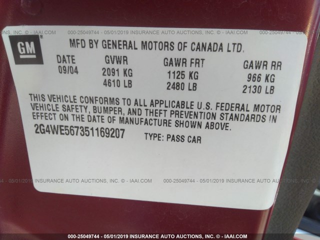 2G4WE567351169207 - 2005 BUICK LACROSSE CXS RED photo 9