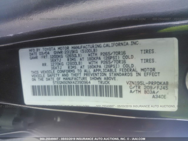 5TEGN92NX4Z390964 - 2004 TOYOTA TACOMA DOUBLE CAB PRERUNNER BLACK photo 9