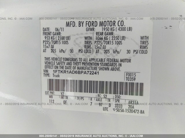 1FTKR1AD6BPA72241 - 2011 FORD RANGER WHITE photo 9