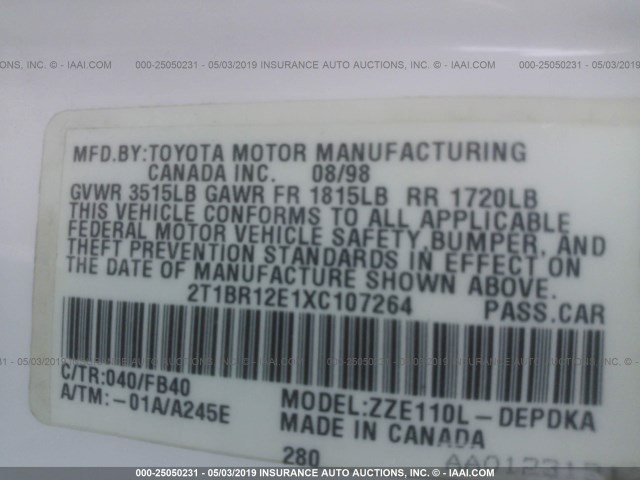 2T1BR12E1XC107264 - 1999 TOYOTA COROLLA VE/CE/LE 白色 照片 9