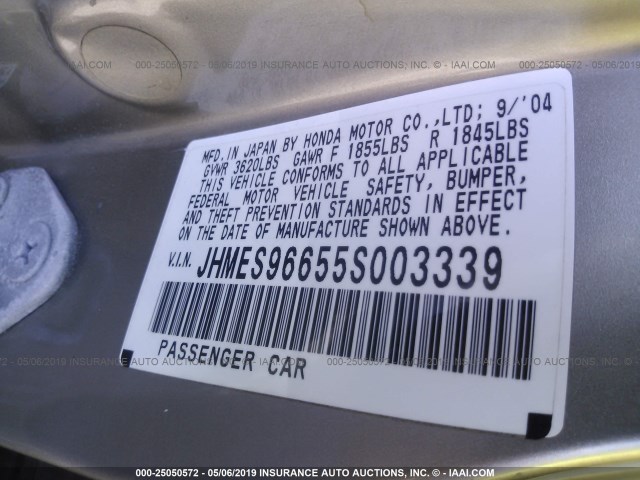 JHMES96655S003339 - 2005 HONDA CIVIC HYBRID SILVER photo 9