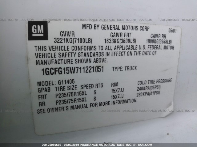 1GCFG15W711221051 - 2001 CHEVROLET EXPRESS G1500  WHITE photo 9