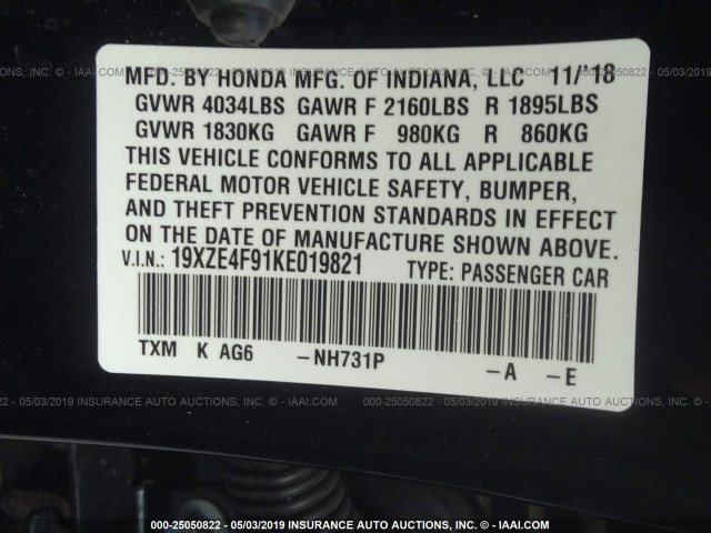 19XZE4F91KE019821 - 2019 HONDA INSIGHT TOURING BLACK photo 9