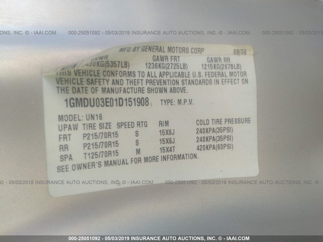 1GMDU03E01D151908 - 2001 PONTIAC MONTANA SILVER photo 9