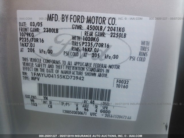 1FMYU04155KD73942 - 2005 FORD ESCAPE LIMITED SILVER photo 9