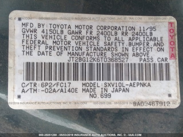 JT2BG12K6T0368527 - 1996 TOYOTA CAMRY DX/LE/XLE GREEN photo 9