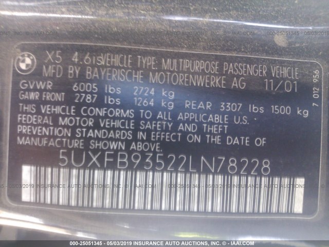 5UXFB93522LN78228 - 2002 BMW X5 4.6IS BLACK photo 9