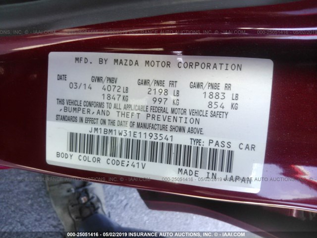 JM1BM1W31E1193541 - 2014 MAZDA 3 GRAND TOURING RED photo 9