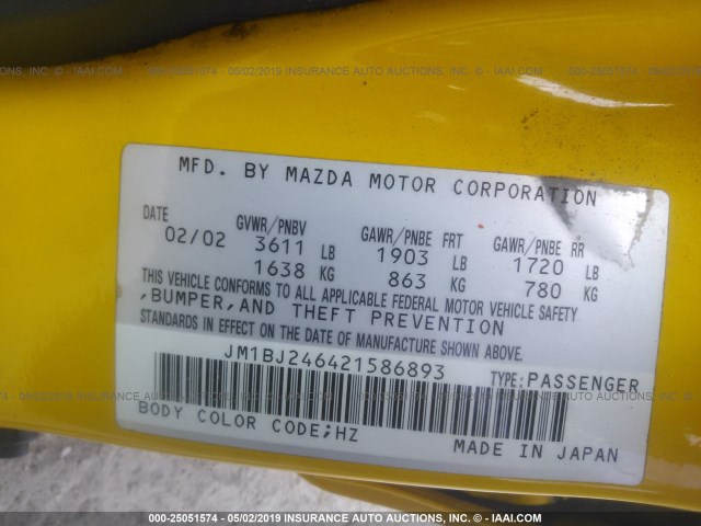 JM1BJ246421586893 - 2002 MAZDA PROTEGE PR5 YELLOW photo 9