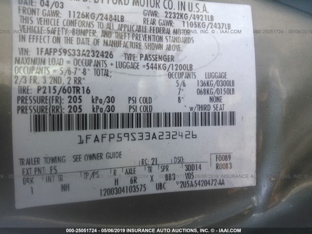 1FAFP59S33A232426 - 2003 FORD TAURUS SEL GRAY photo 9