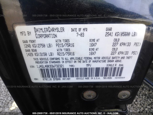 1J4GL48K93W732321 - 2003 JEEP LIBERTY SPORT/FREEDOM ლურჯი ფოტო 9