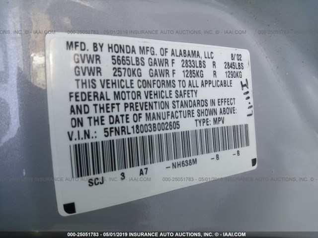 5FNRL18003B002605 - 2003 HONDA ODYSSEY EXL SILVER photo 9