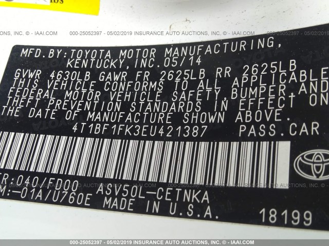 4T1BF1FK3EU421387 - 2014 TOYOTA CAMRY L/SE/LE/XLE 白色 照片 9