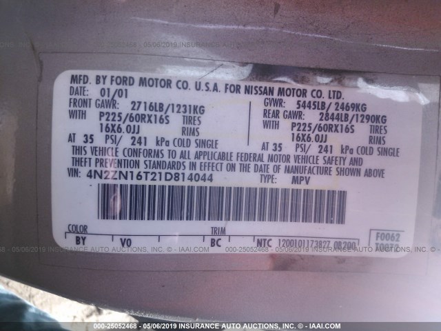 4N2ZN16T21D814044 - 2001 NISSAN QUEST SE ფერფლისფერი ფოტო 9