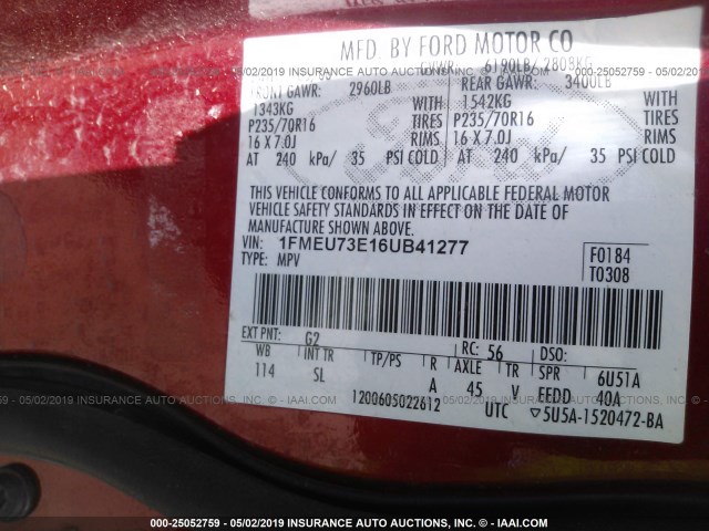 1FMEU73E16UB41277 - 2006 FORD EXPLORER XLT RED photo 9