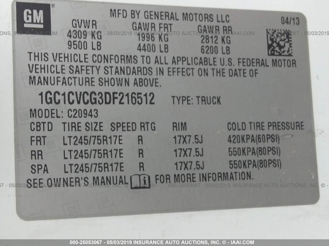 1GC1CVCG3DF216512 - 2013 CHEVROLET SILVERADO C2500 HEAVY DUTY WHITE photo 9