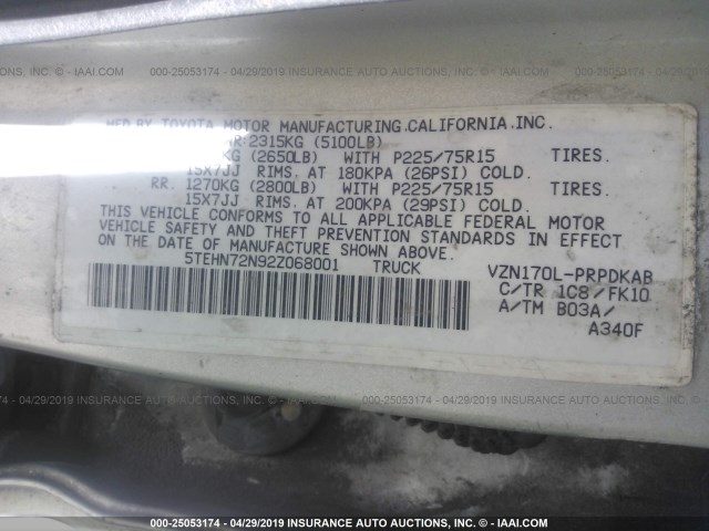 5TEHN72N92Z068001 - 2002 TOYOTA TACOMA DOUBLE CAB 银色 照片 9