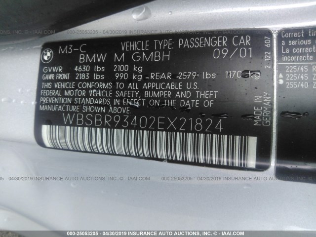 WBSBR93402EX21824 - 2002 BMW M3 SILVER photo 9