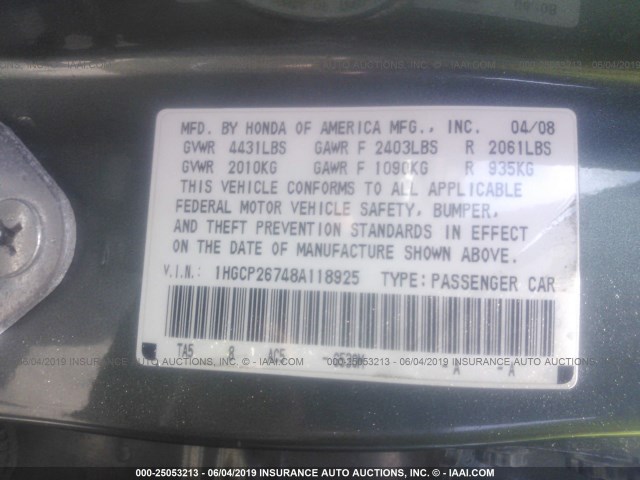 1HGCP26748A118925 - 2008 HONDA ACCORD GREEN photo 9