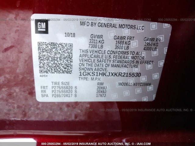 1GKS1HKJXKR215530 - 2019 GMC YUKON XL DENALI BURGUNDY photo 9