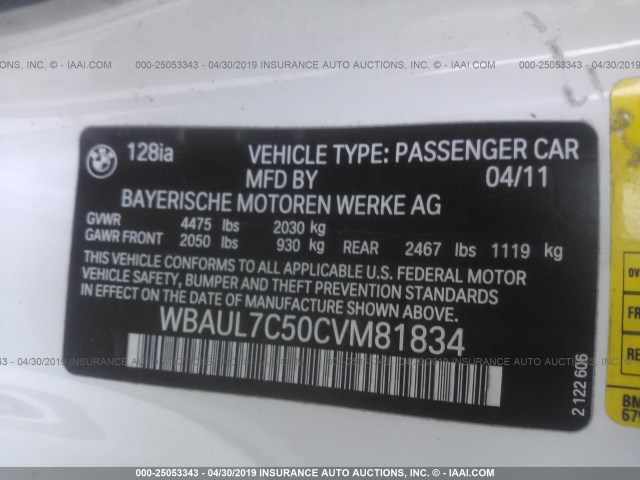 WBAUL7C50CVM81834 - 2012 BMW 128 I WHITE photo 9