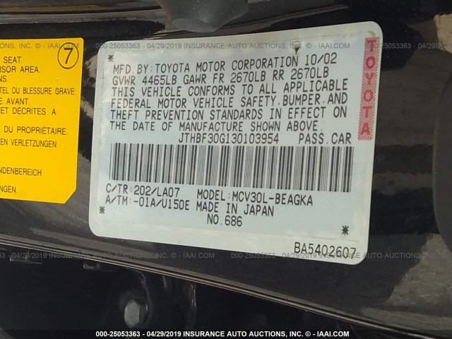 JTHBF30G130103954 - 2003 LEXUS ES 300 BLACK photo 9