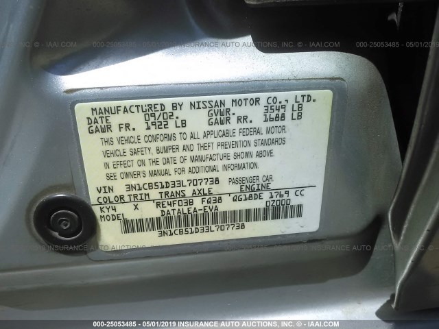 3N1CB51D33L707738 - 2003 NISSAN SENTRA XE/GXE SILVER photo 9