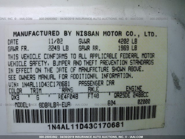 1N4AL11D43C170681 - 2003 NISSAN ALTIMA S/SL WHITE photo 9