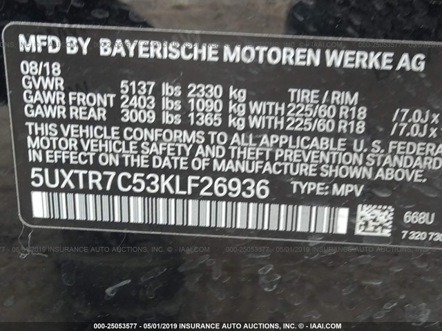5UXTR7C53KLF26936 - 2019 BMW X3 SDRIVE30I BLACK photo 9