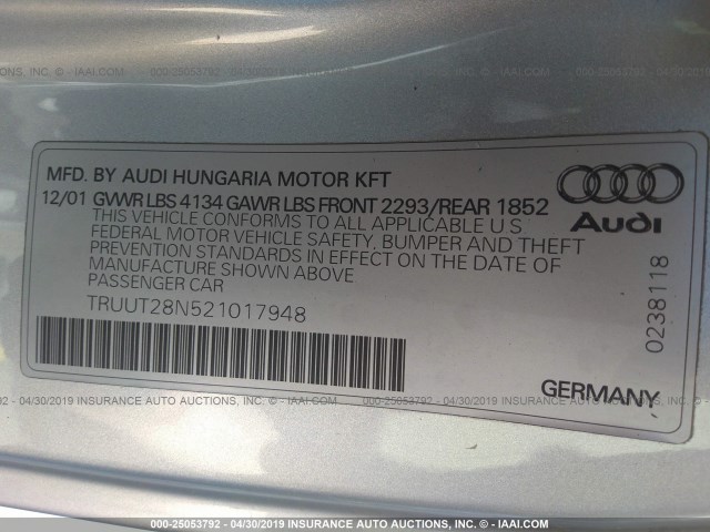 TRUUT28N521017948 - 2002 AUDI TT QUATTRO SILVER photo 9