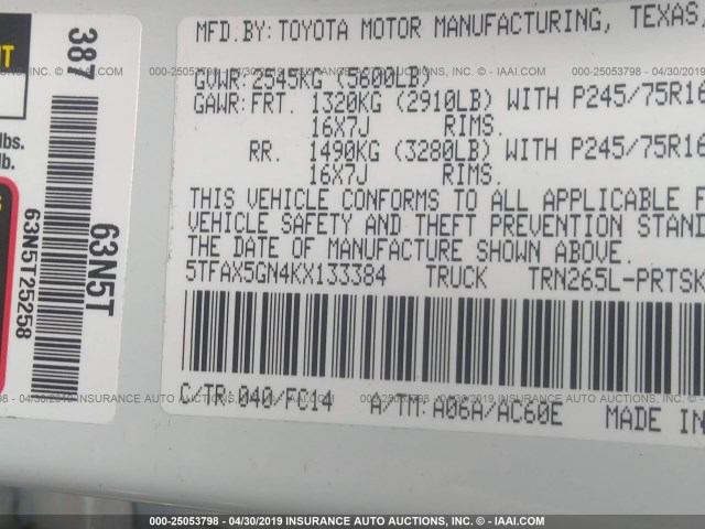 5TFAX5GN4KX133384 - 2019 TOYOTA Tacoma DOUBLE CAB/SR/SR5 WHITE photo 9