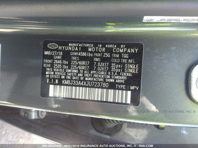 KM8J33A4XJU723780 - 2018 HYUNDAI TUCSON LIMITED/SPORT AND ECO/SE GRAY photo 9