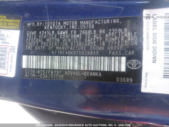 4T1BE46K07U026848 - 2007 TOYOTA CAMRY NEW GENERAT CE/LE/XLE/SE BLUE photo 9