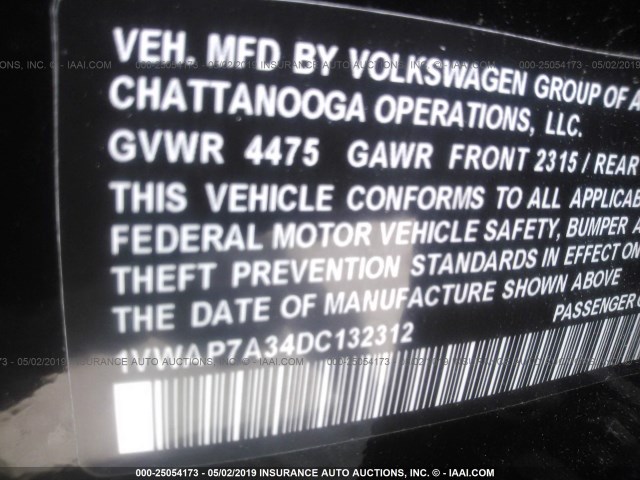 1VWAP7A34DC132312 - 2013 VOLKSWAGEN PASSAT S BLACK photo 9