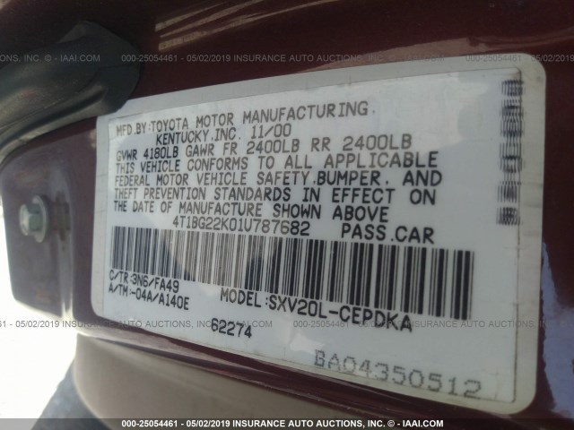 4T1BG22K01U787682 - 2001 TOYOTA CAMRY CE/LE/XLE 红色 照片 9