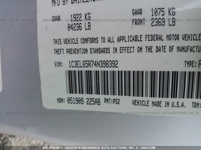 1C3EL65R74N398392 - 2004 CHRYSLER SEBRING LIMITED SILVER photo 9