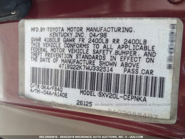 4T1BG22K7WU332514 - 1998 TOYOTA CAMRY CE/LE/XLE 红色 照片 9