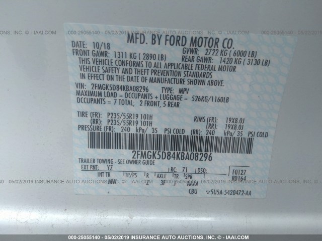 2FMGK5D84KBA08296 - 2019 FORD FLEX LIMITED WHITE photo 9