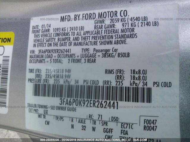 3FA6P0K92ER262441 - 2014 FORD FUSION TITANIUM SILVER photo 9