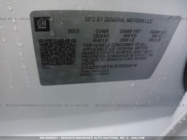 1G1ZB5ST6JF255474 - 2018 CHEVROLET MALIBU LS WHITE photo 9